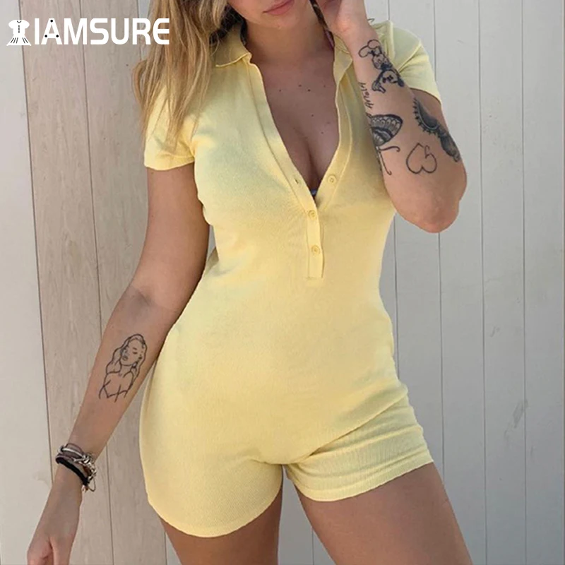 

IAMSURE Casual Solid Basic Playsuits Elegant Slim Short Sleeve V-Neck Turn-Down Collar Rompers Women 2021 Fashion Streetwear 90S