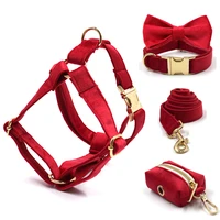 red velvet dog harness personalized 5pcsset pet harness bowtie collar leash poop bag functional dog traction set custom collar