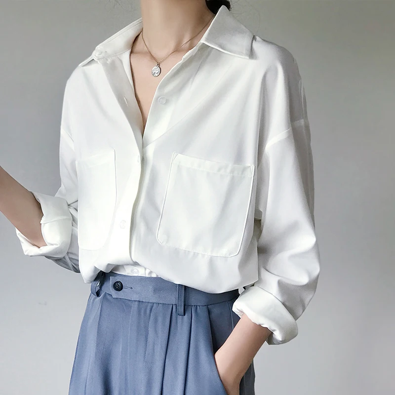 

OL Style White Shirts for Women Turn-down Collar Pockets Women Blouse Tops Elegant Workwear Female Tops blusas femme 2020 Autumn