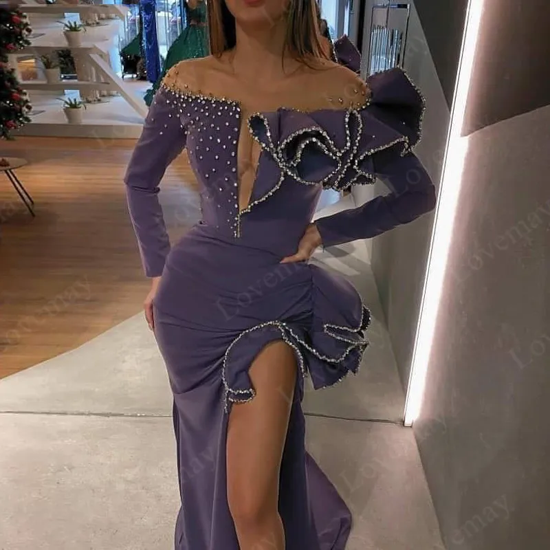 

Purple Mermaid Formal Evening Dresses 2021 Long Sexy Fashion Couture Muslim Prom Dress With Side Split Beading Simple Vestidos