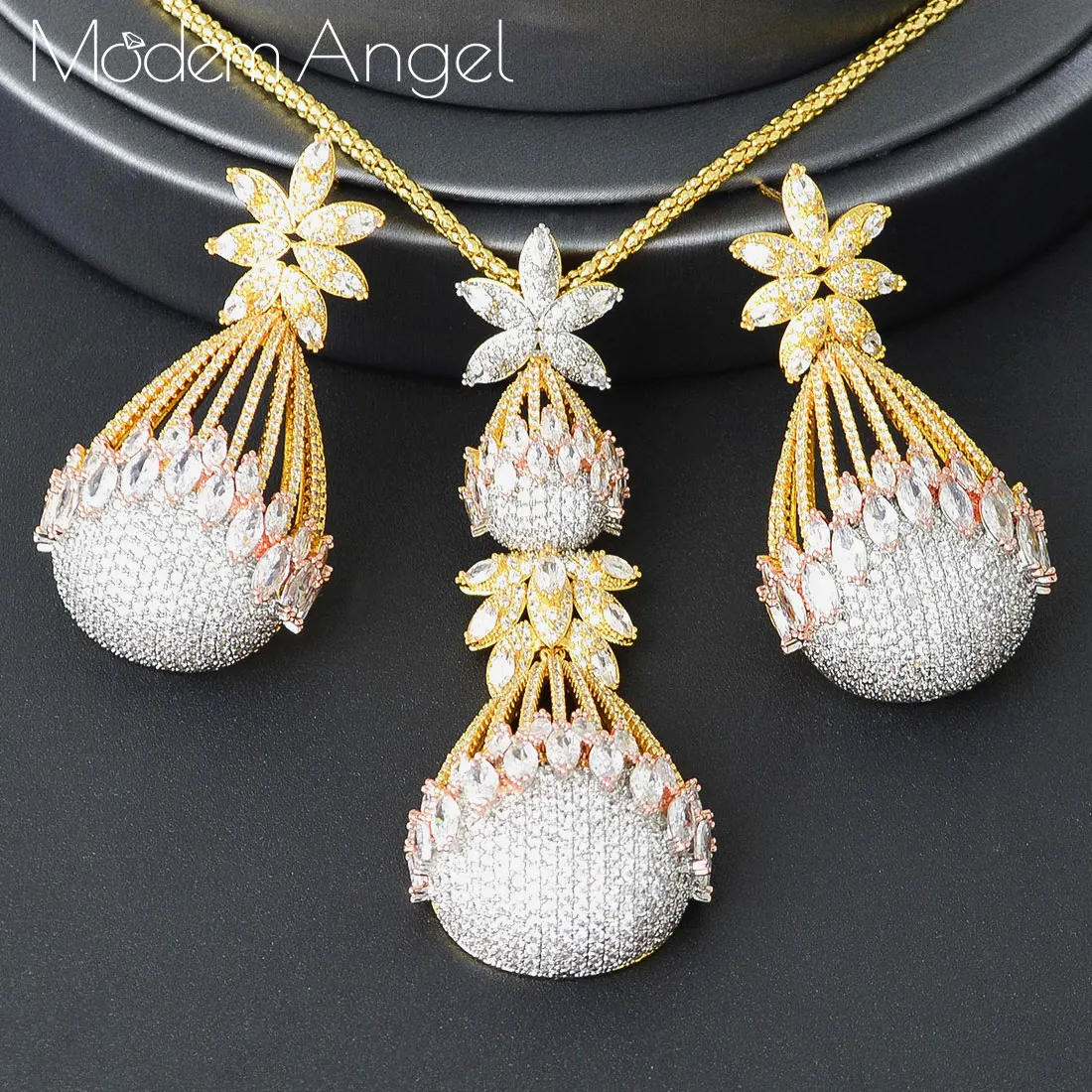 

ModemAngel Luxury Flower Water Drop Circle Cubic Zirconia Pendant NECKLACE EARRINGS For Dubai Women High Quality Jewelry