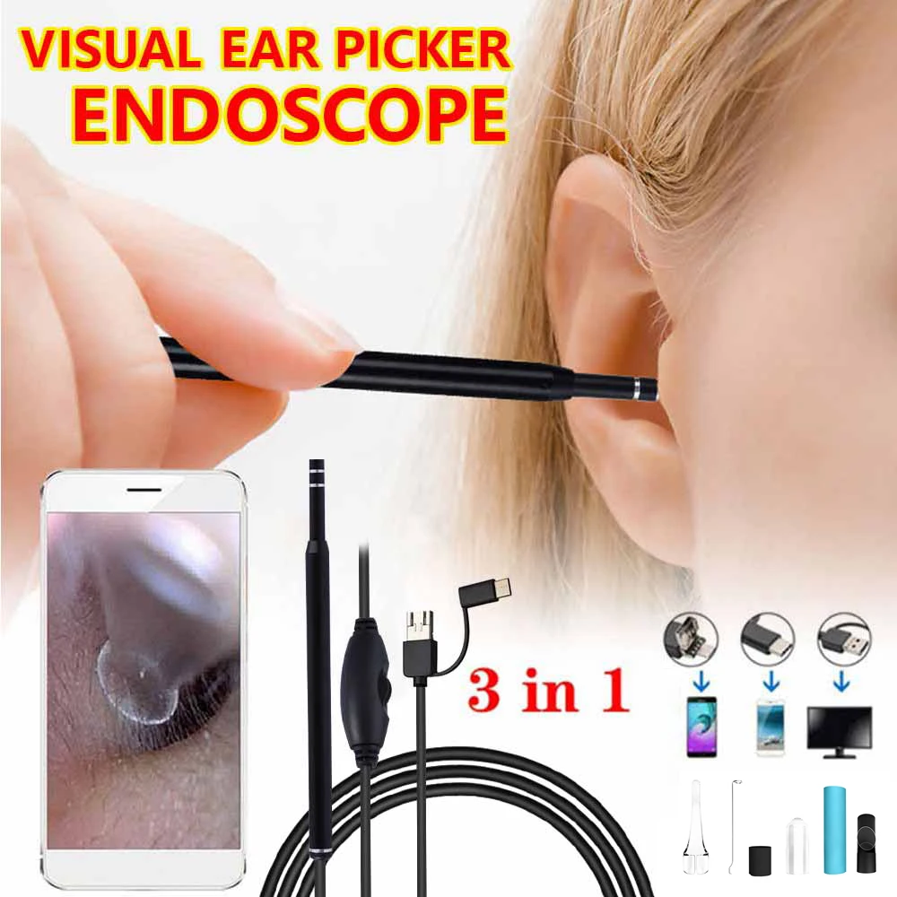 

Ear Wax Pickers 3 In 1 USB Multi-Function HD Mini LED Visual Stainless Steel Earpick Wax Remover Curette Ear Pick Cleaner