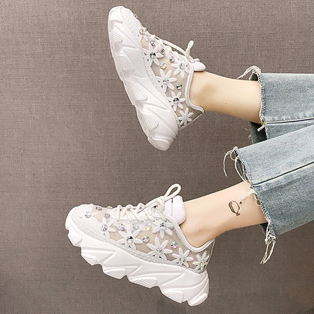 

Woman Summer Crystal Fashion Chunky Sneakers Women Platform White Casual Shoes for Women Mesh Breathable Running Walking Shoes