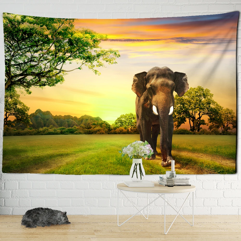 Индийский Слон гобелен настенный закат лес богемный стиль хиппи природа пляжное