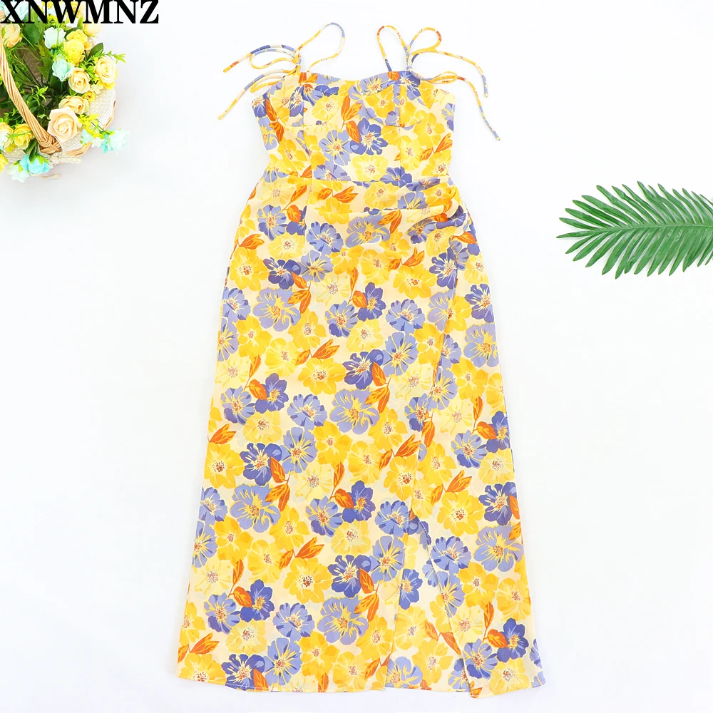 

Женское винтажное платье без рукавов za, желтое платье на бретельках с цветочным принтом, разрезом сбоку и оборками, лето 2020