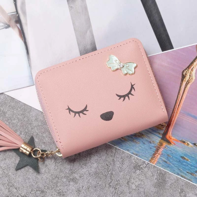 

Women Cartoon Bow Tassel Zipper Wallets Female Short Cute Coin Purses Ladies Hot Sale Solid Color Mini Card Holder Money Clip