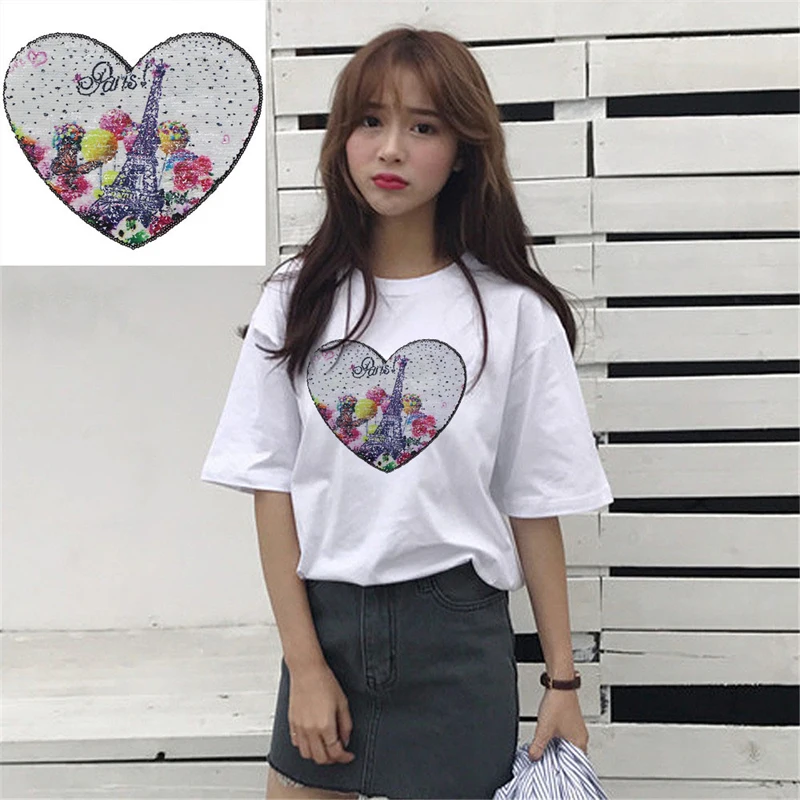 Футболка с нашивками в виде сердца для женщин наклейки Реверсивные меняющие цвет