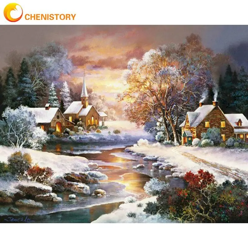 

CHENISTORY Painting By Numbers Kits For Adults Christmas Sunset In Winter Landscape Oil Painting DIY Framed Drawing Artcraft