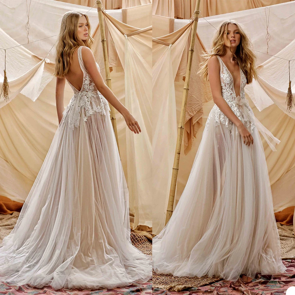 

New Wedding Dresses Sexy Deep V Neck Lace Appliques Bridal Gowns Custom Made Sexy Backless Sweep Train A Line Wedding Dress
