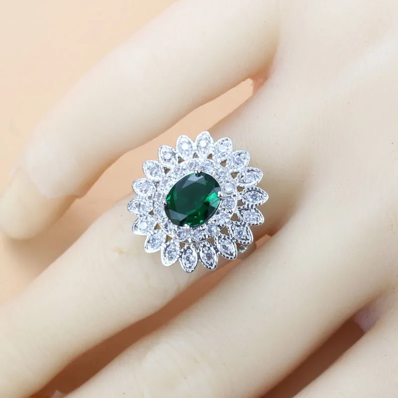Ring Красивый цветок зеленый циркониевый белый кристалл 925 стерлингового серебра 4 комплект ювелирных изделий серьги, ожерелья кольцо для женщин - Окраска металла: Ring