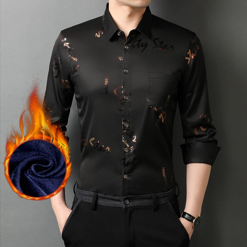 

Winter Fleece Warm Button Up Shirt 2021 New Arrivals Men's Fashion Print Casual Classic Non-iron Long Sleeve Shirt