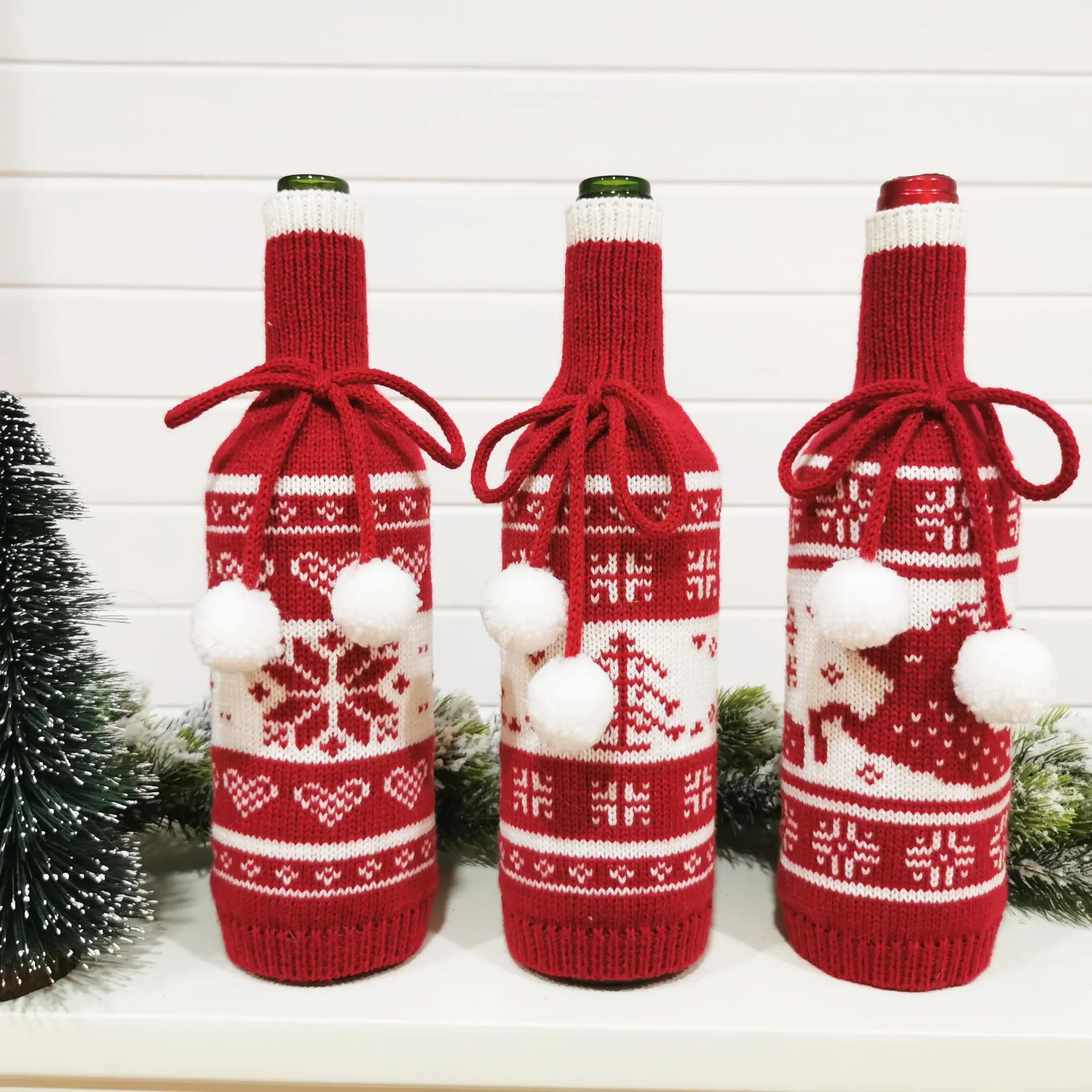 

CHRISTMAS DECORATION RED WINE BOTTLE STORAGE BAG SETS HANDMADE KNITTED FABRIC BOTTLE COVER HOME BANQUET FESTIVE TABLE DECOR