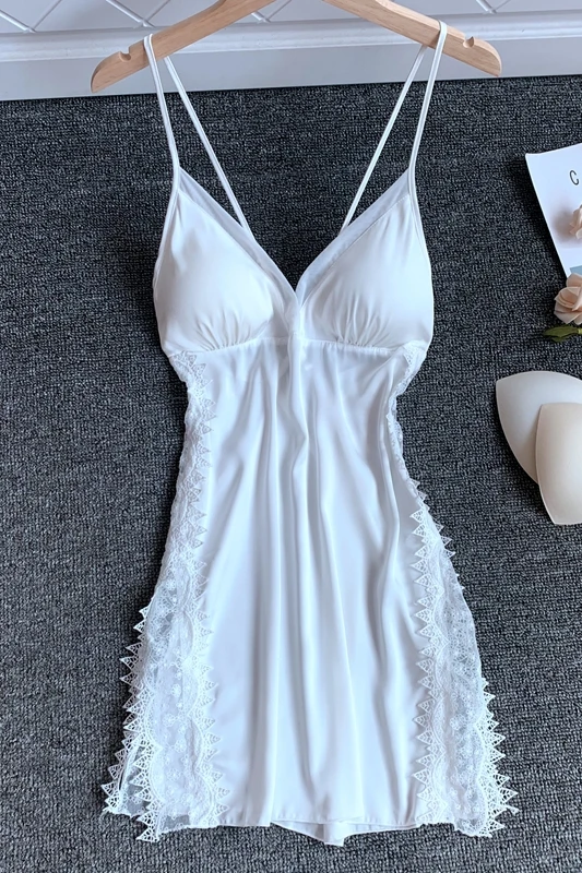

Harajpee Women Pajama 2021 Summer French Sexy Temperament Extremely Seductive V-Neck Solid Color Ice Silk Suspender Nightdress
