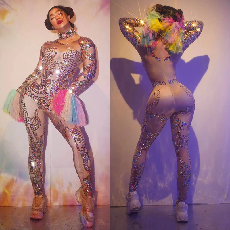

Bar DJ GoGo Leader Dance Bodysuit Female Acrobatics Colorful Yarn Rhinestone Elastic Holographic One-Piece Stage Costumes Women