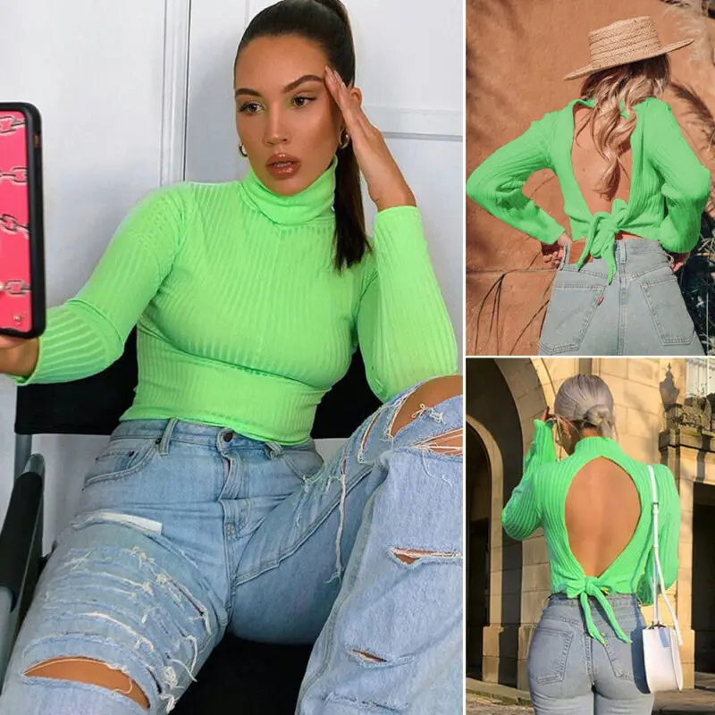 2020 Womens High Collar Cropped Tops Ladies Slim Fit T Shirt Long Sleeve T-Shirts Sexy Backless Turtleneck Tees Women | Женская одежда
