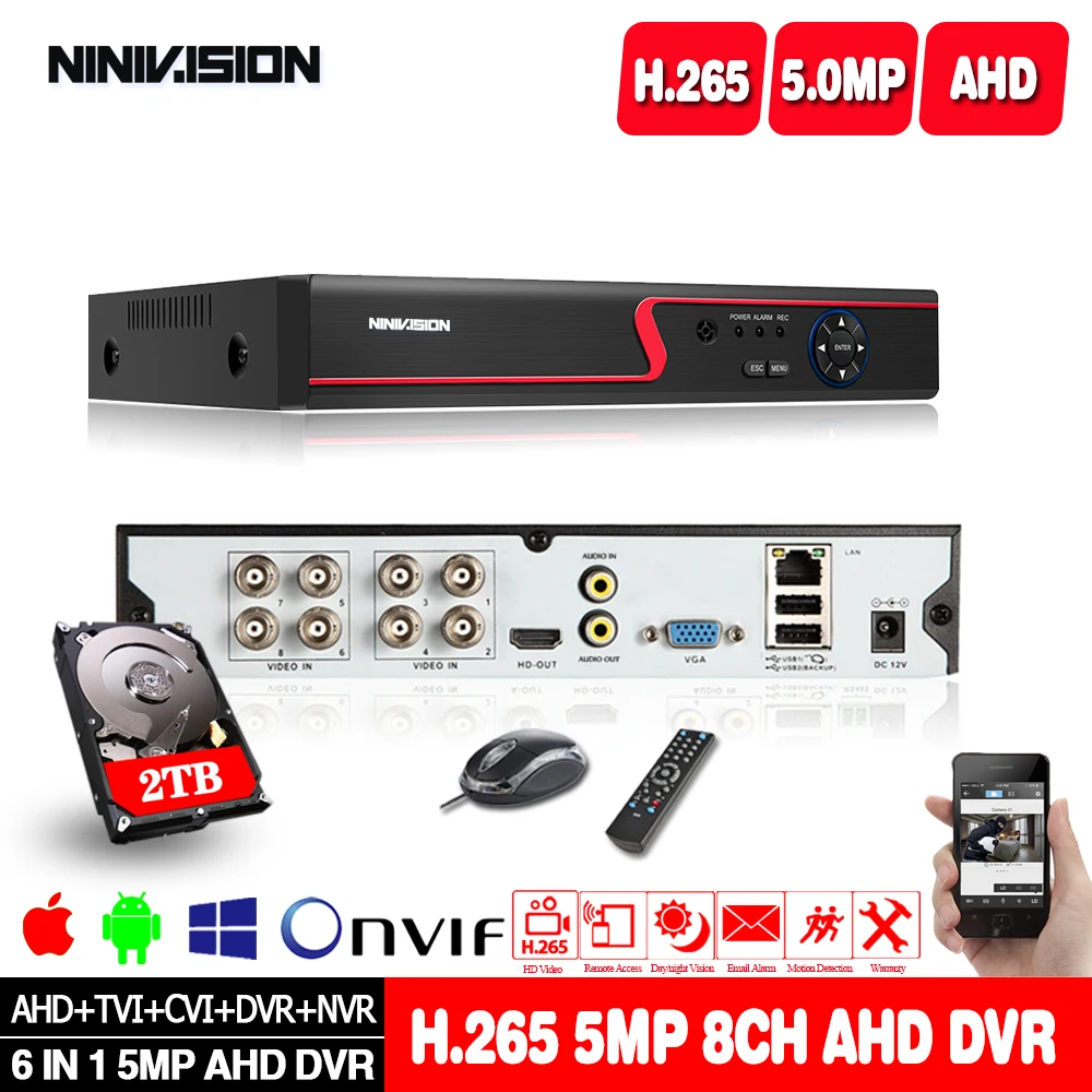 Гибридный видеорегистратор 6 в 1 8 каналов * 5 МП AHD DVR для аналоговых камер