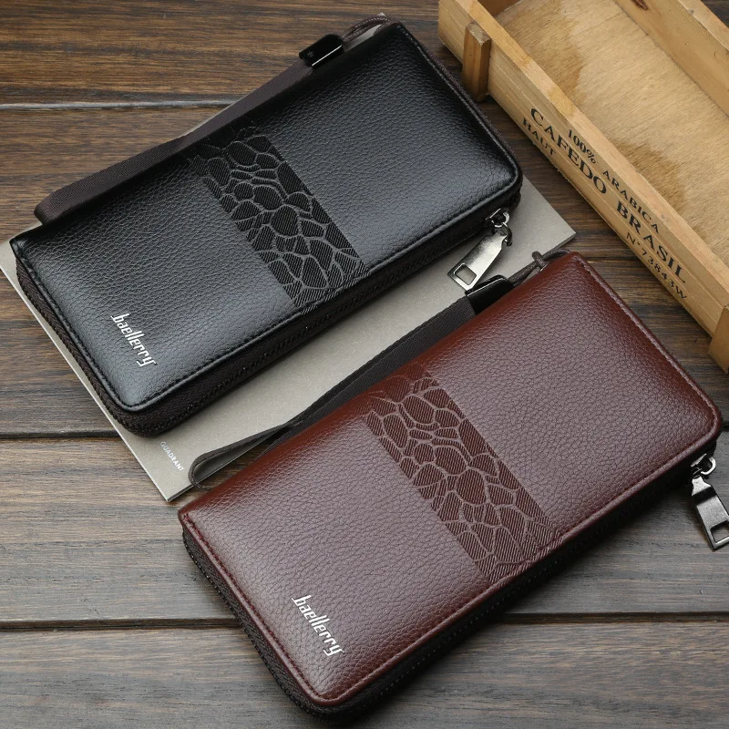 

New solid color men's Long Wallet fashionable multi-functional large capacity retro litchi zipper hand grip bag hot sale