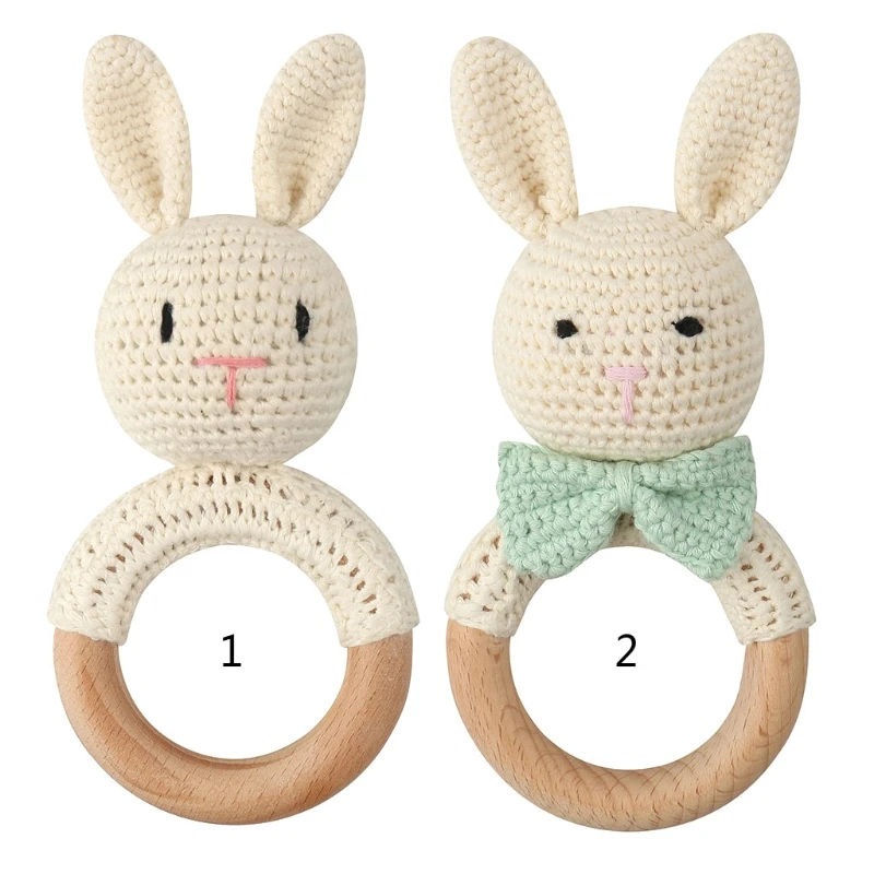 Baby Wooden Teether Ring DIY Crochet Bunny Rattle Newborn Pram Crib Toy Soother Bracelet Teething Mo