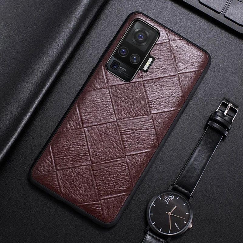 

Genuine Leather Phone Case For VIVO X50 X30 X27 Pro X23 Nex 3 iQOO Luxury Natural Cowhide Back Cover Rhombus Texture Funda Capa