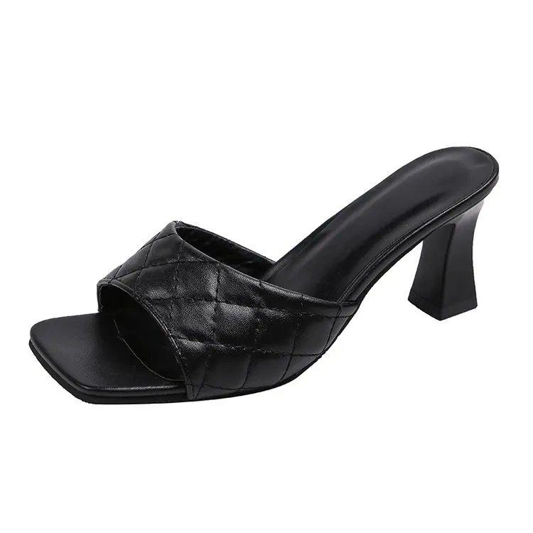 

Shoes Rubber Flip Flops Lady Peep Toe Woman's Slippers Slides Med Square heel Hawaiian Girl 2021 Summer Block Hoof Heels PU Fabr