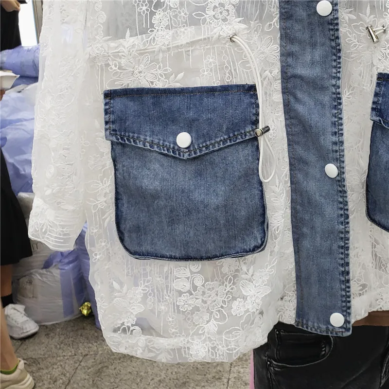 

2021 INS White Lace Jacket Women Summer Fashion Lady Floral Embroidery Mesh Patched Denim Pockets Sun Protective Coat Women