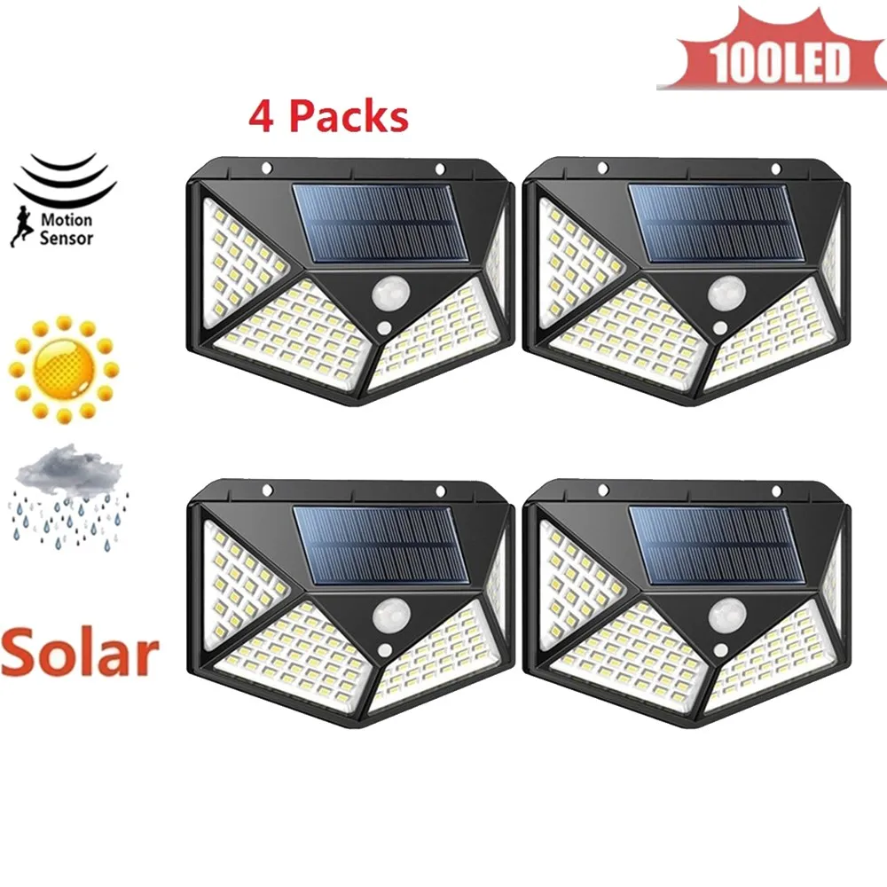 

100LED Solar Powered Wall Light PIR Motion Sensor Street Outdoor IP65 Waterproof Pathway Garden Fence Lamp With 3Modes 4 sided 2