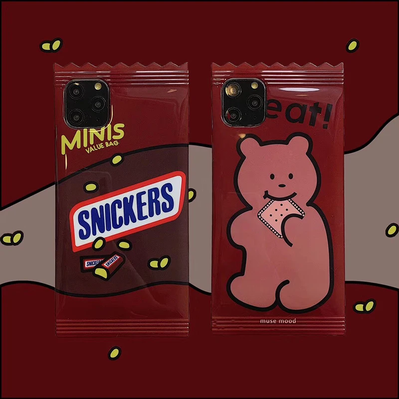 

Hot Cute Bear Chocolate Snickers Bar Phone Case for Iphone 7 8 Plus 8plus X XR XS MAX 11 Pro Soft Silicon Cover Glossy Coque
