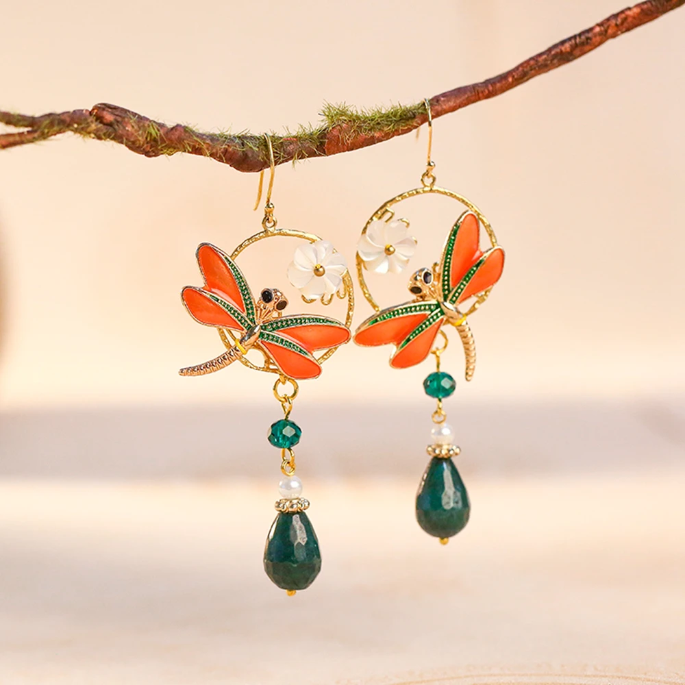 Оранжевые сплав стрекоза зеленый раздел J ade этнические висячие серьги кристалл