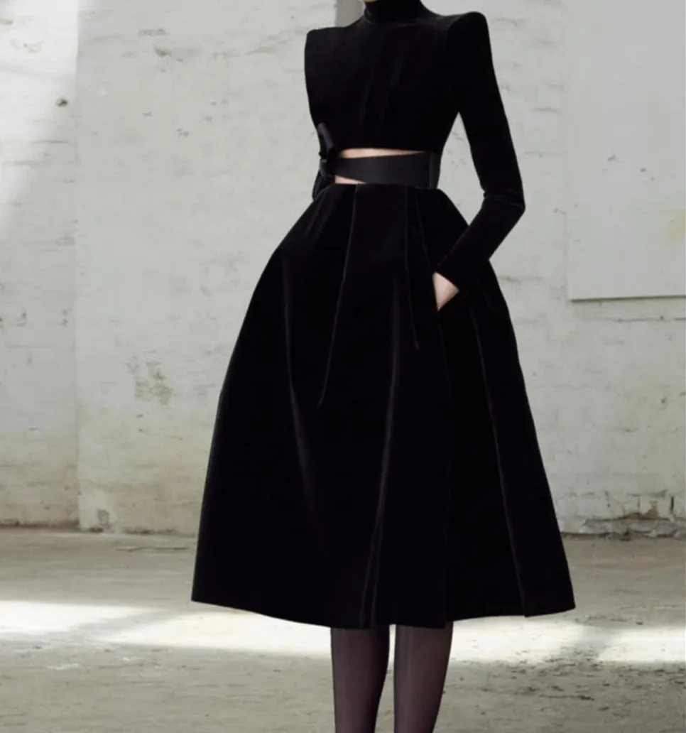 

Женское бархатное платье, французское благородное бархатное платье высшего качества, женское осеннее роскошное приталенное черное вечерн...