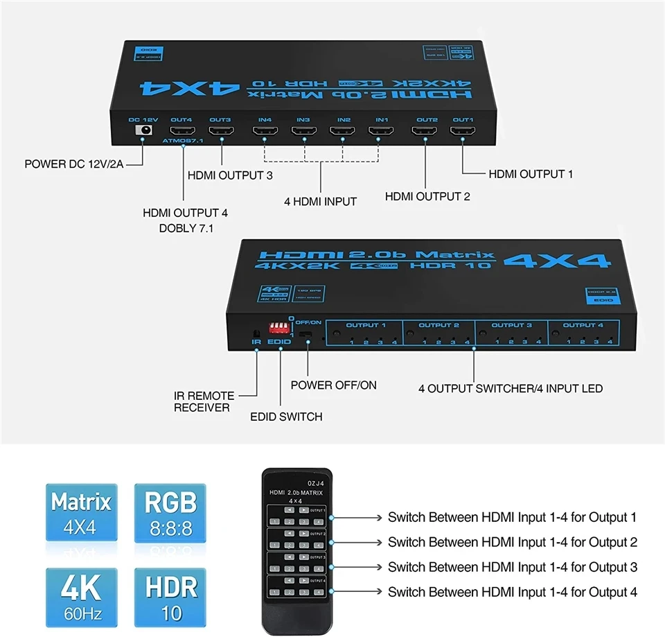 Матрица 4K 60 Гц 4x4 HDMI 2 0 матрица 4x2 2x4 с SPDIF & L/R 3 5 мм HDMI-совместимый переключатель 4x