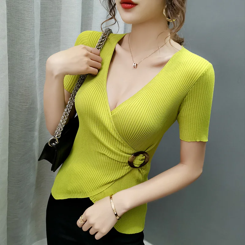 

2021 Summer Women Sweater Ice Silk V-neck Sexy Slim Bottoming Sweater Women Short-sleeved Knitted Pullover