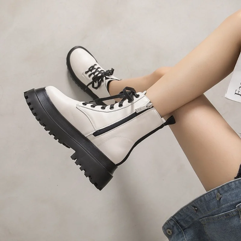 

Ladies Motorcycle Soft Leather Boots Thick-soled Round Toe Zipper Lace-up Medium Thick Heel Ankle Boots Autumn/Winter 2021