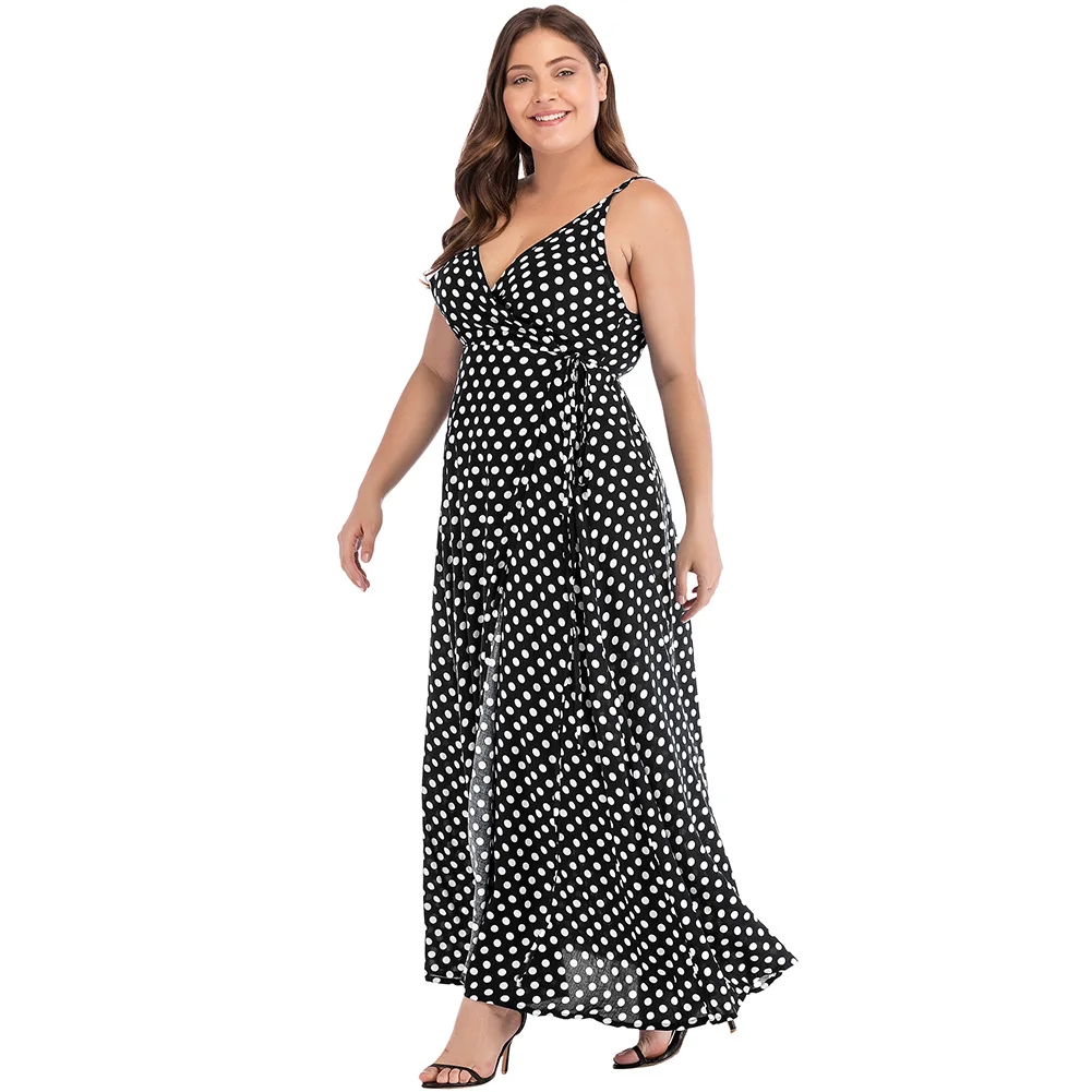 Платье женское длинное в горошек пикантный пляжный сарафан на бретелях спагетти
