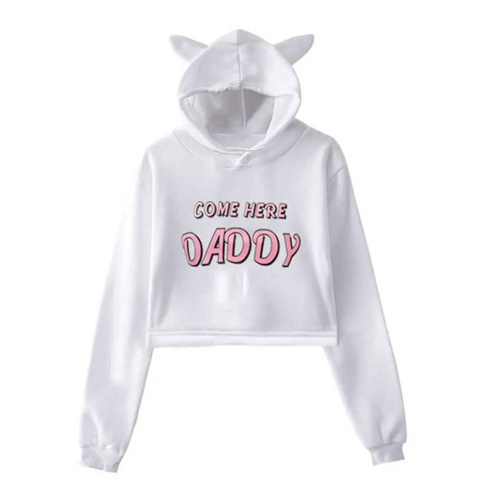 Модная женская одежда с буквенным принтом длинным рукавом капюшоном котом