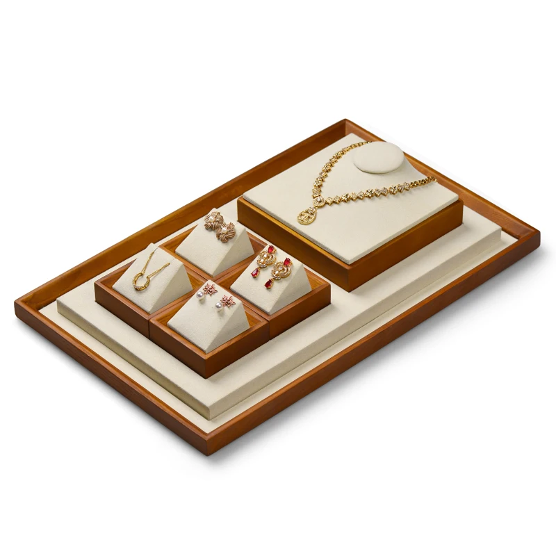 Oirlv Wooden Beige Jewelry Display SetRing Tray Necklace Tray Jewelry Organizer Jewelry Tray Display Jewelry Holder
