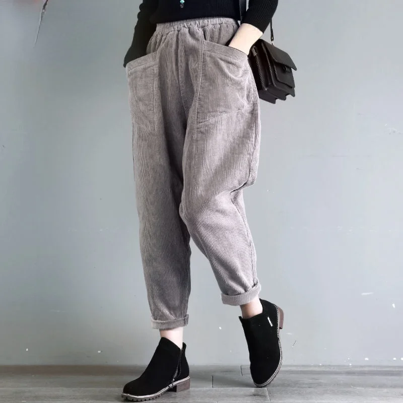 

Corduroy Pants Womens Autumn Winter Thick Fleece Warm Velvet High Waist Harem Pants Big Pocket Casual Loose Ankel-Length Pants