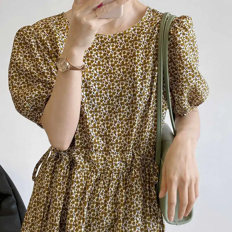 

COZOK Floral Drawstring Dress Women's Summer 2021 First Love Skirt with Bubble Sleeves