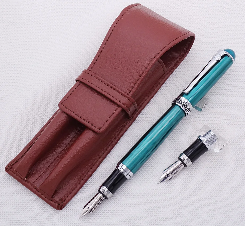 

Duke D2 Green Medium Nib Fountain Pen with 1 PCS Calligraphy Fude Bent Nib & A Leather Pencil Case Bag Interchangeable Gift Set