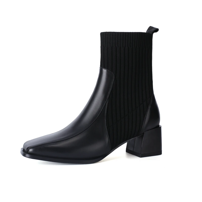 

EshtonShero Woman Shoes Leather Slip On Ankle Boots Med Heel Square Toe Elastic Band All Match Retro Ladies Boots Size 3-9