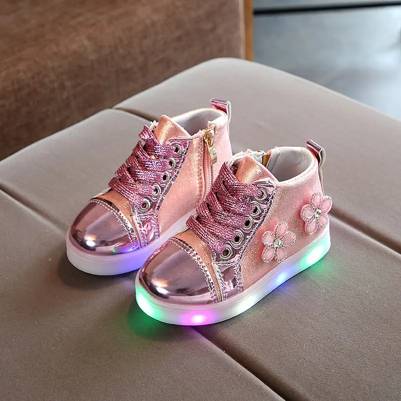 Spring Kids Shoes Baby Girls Glowing LED lighted Sneakers Children Casual Bling Flow Soft Size 21-30 pink gold sliver | Детская одежда