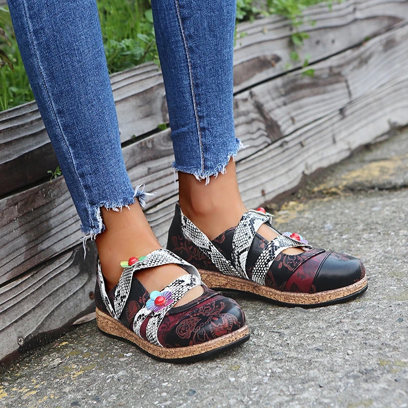 

Vintage Floral PU Leather Splicing Colored Stitching Hook Loop Flat Shoes Spring Summer Casual Women Flat Shoes New