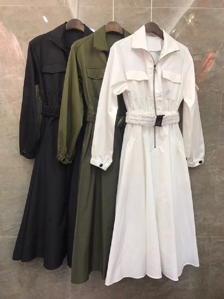 

2020 Autumn Winter Fashion Runway Style Dress Women Turn-down Collar Front Zipper Long Sleeve Green White Black Trench Dress XL