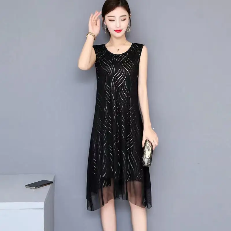 

Women Fashion Print Bodycon Midi Dress Vintage Breathable Perspective Sleeveless Vest Summer Female Dresses Mujer Femme X93