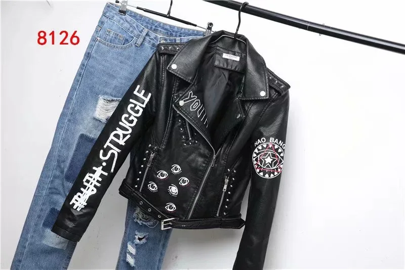 

Autumn new women's letter embroidered PU leather jacket jacket and jacket are fashionable and versatile