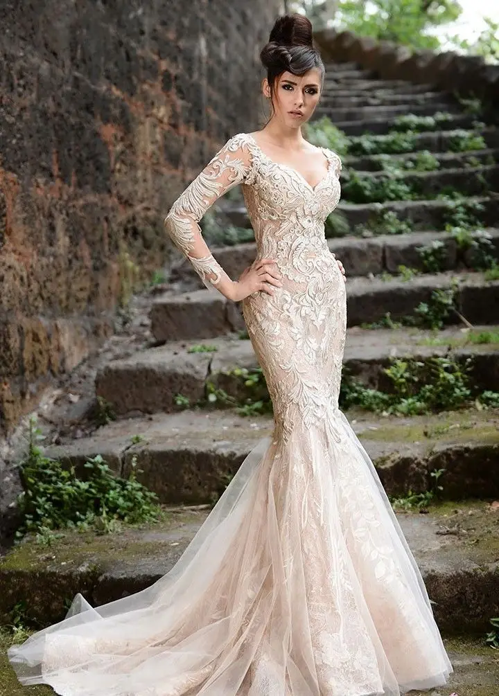 2018 глубокий v-образный вырез с длинным рукавом кружева Формальные Вечерние