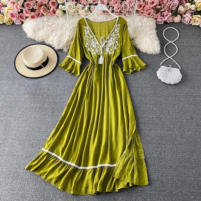 

Solid Green summer woman dress Deep V Neck High Waist Casual holiday dresses for women Flare Sleeves Ruffle Hemline vestidos