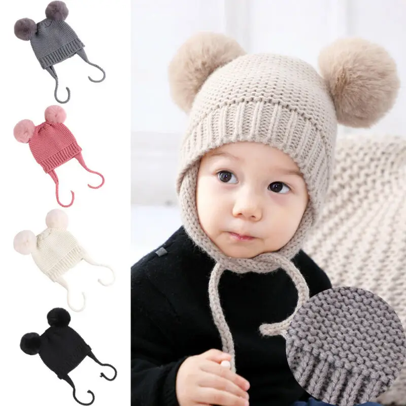 Cute Winter Warm Kids Girls Boys Baby Hats Knitted Wool Hemming Caps With Ball | Детская одежда и обувь