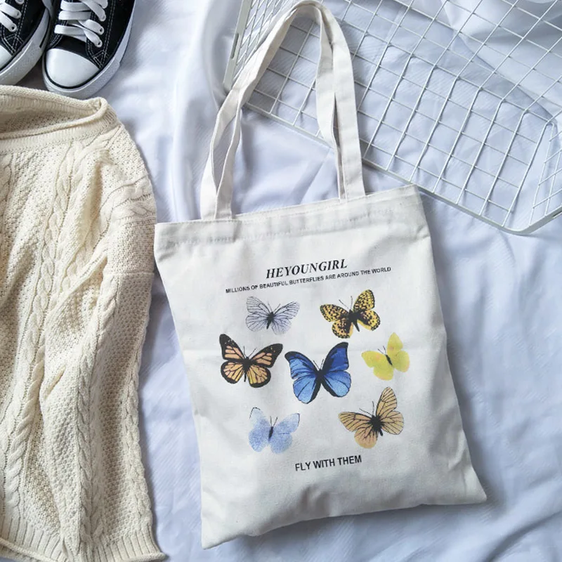 

Women Cartoon Butterfly Cotton Canvas Shopper Bag Girl Harajuku 90s Y2K Classic Vintage Shoulder Handbag Female Bolsa Compra