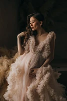 fashion maternity dress for photoshoot or babyshower puffy ruffled tulle long prom dresses plus size draped photo prop dress