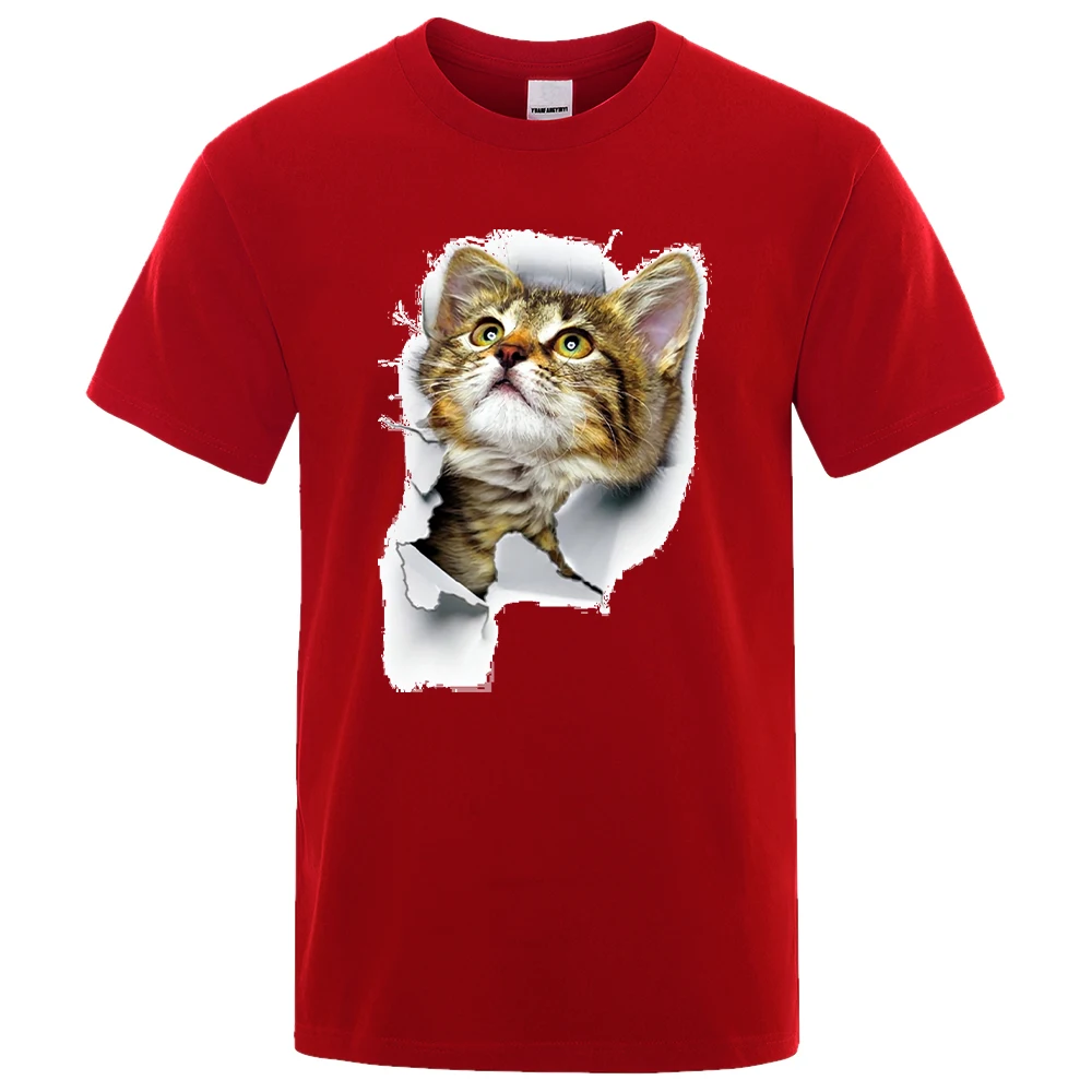 

Fashion Vintage Tshirt Men Crewneck Comfortable T-Shirt Cat Stabbing Window Paper Printed Male T Shirts Loose Casual Clothing